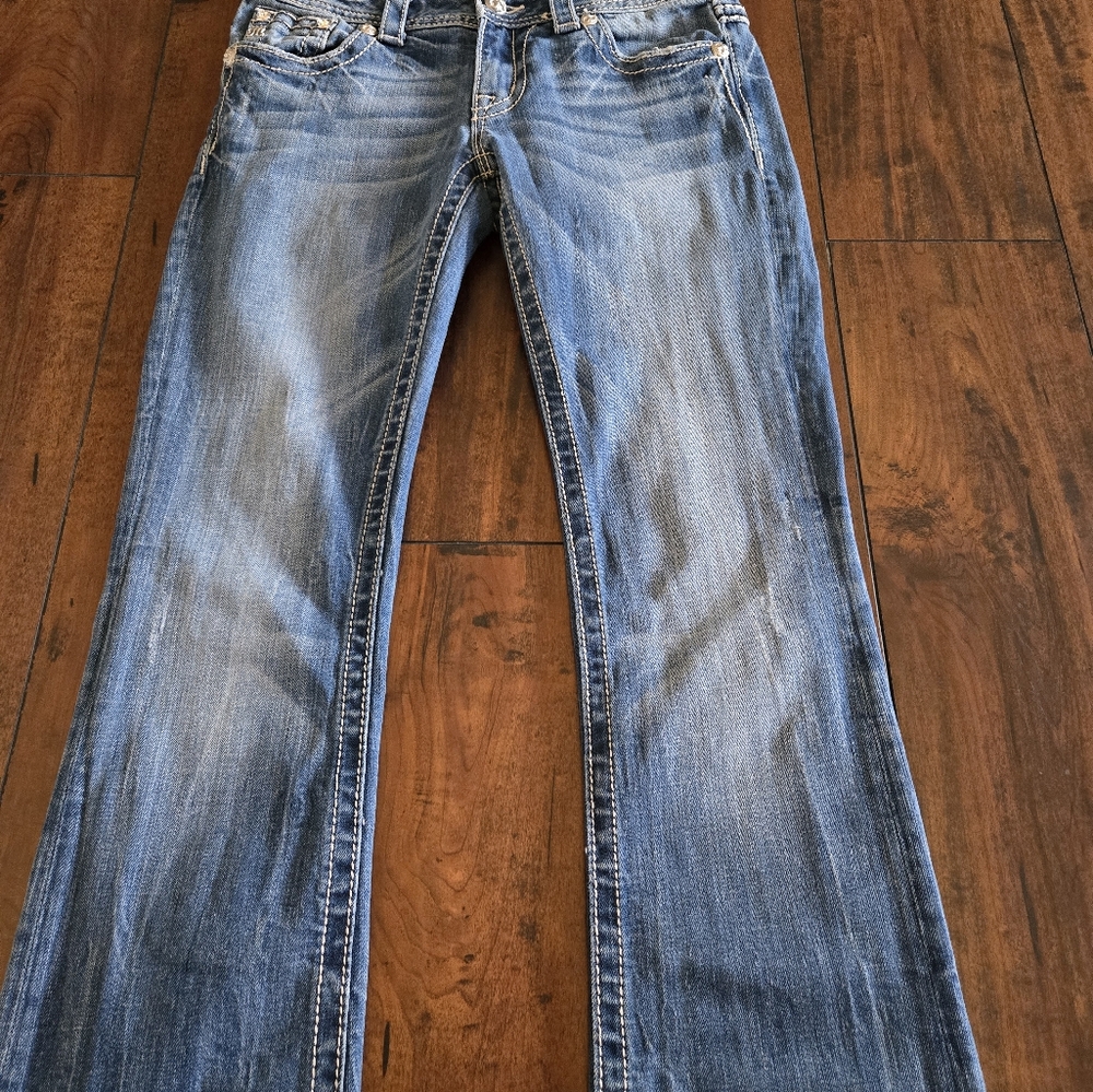 Miss Me Boot Rhinestone Embellished Embroidered Flap Pocket Jeans Women's Sz 27 - Picture 9 of 16